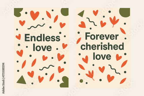 Endless Love Banners. Endless love. Two vertical A6 banners with safe margins, centered composition, no elements touching edges, memphis, olive green and