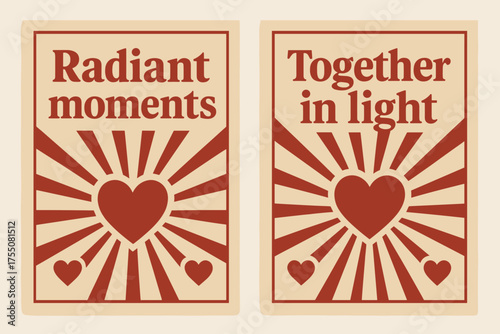 Radiant Retro Banners. Radiant moments. Two vertical A6 banners with safe margins, centered composition, no elements touching edges, retro, red and beige,