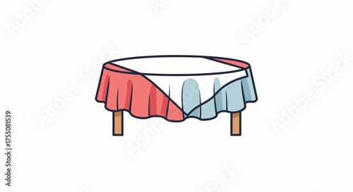 Illustrated round table covered with a draped two-tone red and blue tablecloth.
