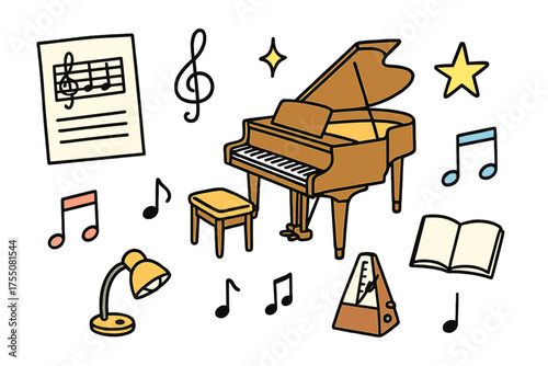 Musical Doodles Extravaganza. Piano and Sheet Music. Hand-drawn doodle illustration grand piano (colored), sheet music (colored), treble clef, sparkle, star,