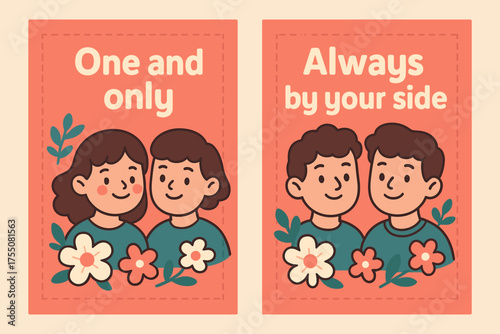 Cute Couple Banners. One and only. Two vertical A6 banners with safe margins, centered composition, no elements touching edges, cartoon, coral and teal, cute