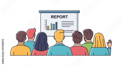 Diverse group of people attending a business report presentation on a whiteboard.