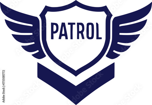 Winged Patrol Badge Icon: Retro Police Shield Emblem with Wings in Black Silhouette Vector Style
