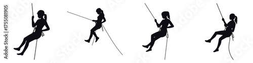 Silhouette of Woman Rappelling Down Rope – Female Climber Descending Cliff, Adventure Sport, Rock Climbing, Abseiling Safety, Outdoor Extreme Activity Vector Illustration