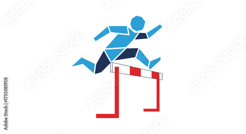 Geometric Athlete Leaping Over Red and White Hurdle.
