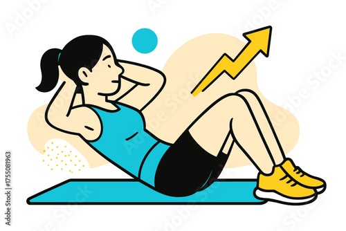 Crunch Exercise Illustration. Basic Ab Crunch. Person lying on mat performing standard crunch, floating abstract arrows indicating upward motion, calm workout