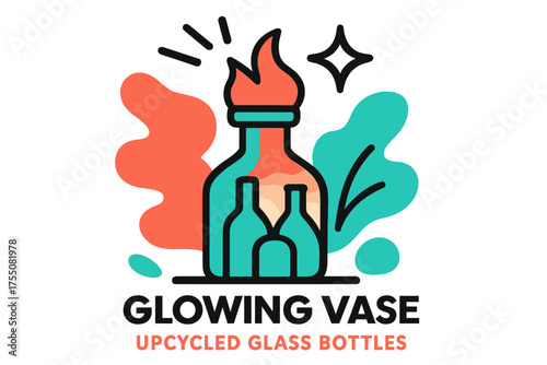 Elegant Upcycled Decor. Bottle Decor. A glowing vase made from upcycled glass bottles, abstract spark and star icons symbolizing elegance in recycling. Modern