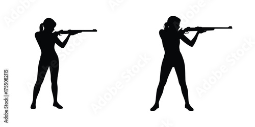Silhouette of Woman Holding Rifle in Shooting Position – Female Hunter Aim Pose – Black Silhouette Isolated on White Background for Design, Sport, Hunting, and Firearm Concept