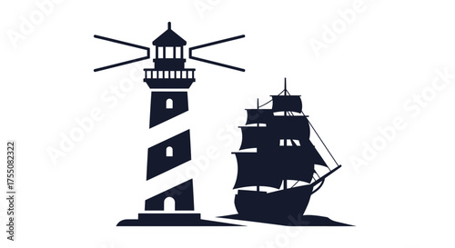 Silhouette of a Lighthouse with Beams and a Sailing Ship.