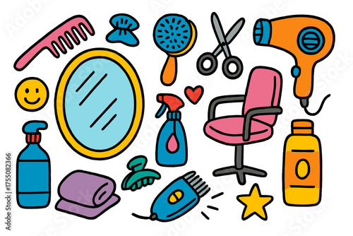 Hair Styling Doodles. Hair Styling Station. Colorful Hand-drawn doodle Children illustration mirror, comb, brush, scissors, hair dryer, spray bottle, chair,