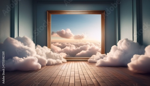 A Surreal Liminal Space Featuring An Empty Frame Surrounded By Fluffy Clouds And Soft Light Creating An Ethereal Atmosphere
