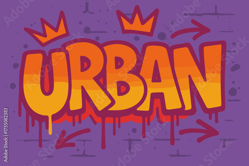 Vibrant Street Graffiti. Urban Near ? Graffiti Simplified, chunky tilted bubble letters with dripping edges, arrows and crowns, flat spray-fill, spiritual
