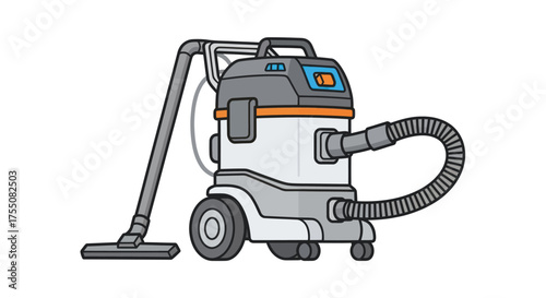 Industrial Wet Dry Vacuum Cleaner with Hose and Nozzle Illustration.
