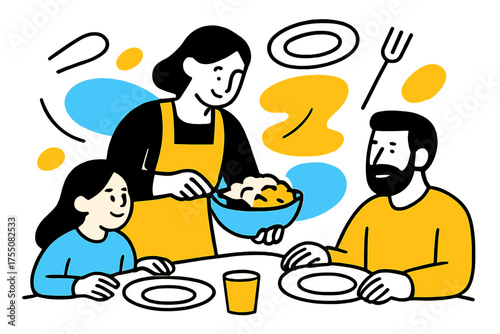 Floating Family Feast. Family Meal. Person serving a humble meal at table, floating abstract plates and cutlery, warm and cozy family mood. Modern flat-line