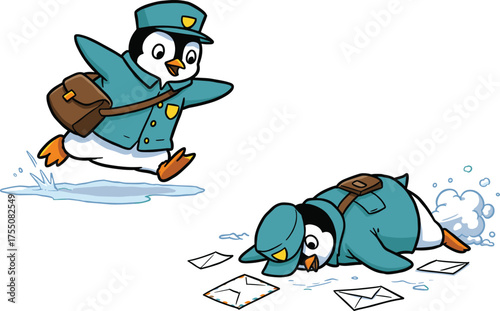 Funny cartoon penguin mailman slipping on ice, cute animal postman delivering letters, adorable winter character with mailbag illustration