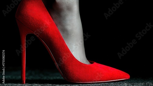   A photo of a woman's red high heels on a dark floor, set against a black backdrop