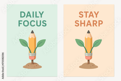 Focus and Growth Banners. Growth. Two vertical A6 banners with safe margins, centered composition, no elements touching edges, pastel style, mint and peach,