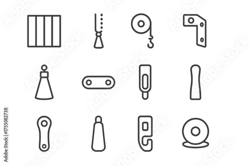 Vertical Blind Icons. Vertical blind parts. Line icon set of Vertical blind parts: slat, cord, pulley, bracket, tassel, cleat, cord lock, handle, cord guide,