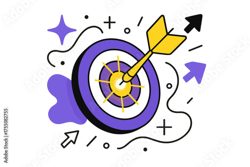 Dartboard Achievement Art. Goal Setting. A glowing dart hitting the center of a target, abstract floating spark and arrow shapes symbolizing achievement.