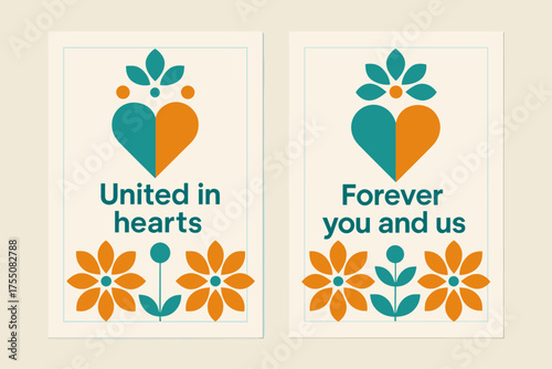 United in Hearts. United in hearts. Two vertical A6 banners with safe margins, centered composition, no elements touching edges, geometric, turquoise and