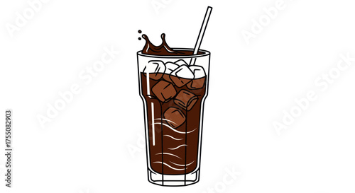 Refreshing Iced Coffee Drink with Ice Cubes and Straw.