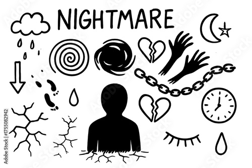 Nightmare Doodle Elements. Nightmare. Hand-drawn doodle illustration nightmare person silhouette, spiral pit, shadow hands, dark cloud, broken heart, chains,