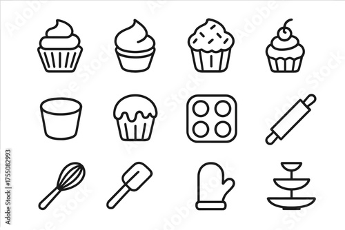 Cupcake Icon Set. Cupcake collection. Line icon set of Cupcake collection: cupcake, frosting swirl, sprinkles, cherry on top, muffin liner, chocolate drizzle,
