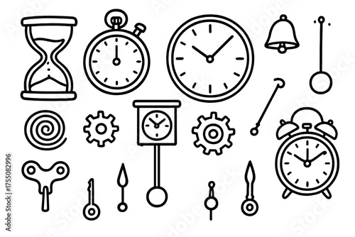 Timekeeping Doodle Art. Timekeeping. Hand-drawn doodle illustration Timekeeping hourglass stopwatch clock gears pendulum face hands key cogs spring bell.