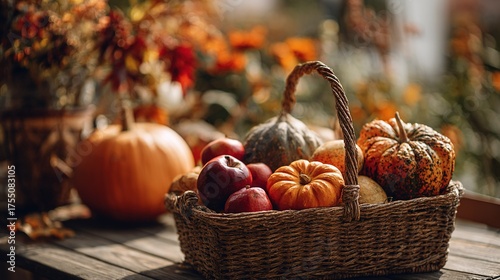   A basket of apples, pumpkins, and gourds sits on a table before a window