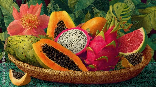  A painting of fruit in a basket, surrounded by leaves and flowers
