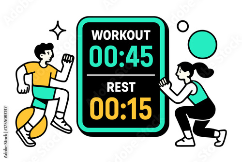 Energetic Workout Timer. Interval Training. A glowing gym timer screen showing workout/rest cycles, abstract floating spark and circle icons symbolizing