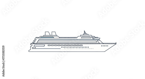 Detailed Line Drawing of a Large Passenger Cruise Ship.