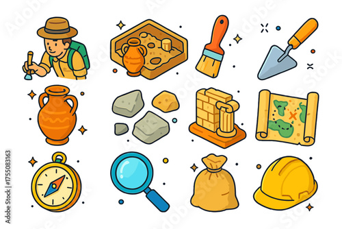 Ancient Ruins Icons. Excavating ancient ruins. Colorful isometric vector icons set of excavating ancient ruins: archaeologist, excavation site, brush tool,