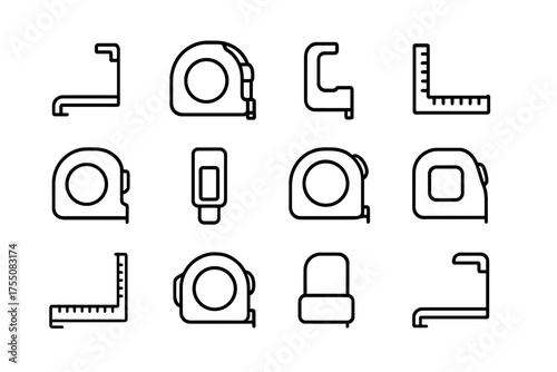 Tape Measure Icons Set. Tape measure hook. Line icon set of Tape measure hook: tape measure, retractable tape, hook end, measuring scale, locking button, belt