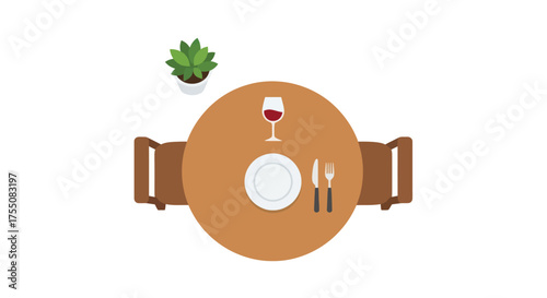 Overhead View of Round Wooden Dining Table Set with Plate Cutlery Wine Glass and Plant.