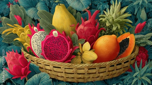   A painting of pomegranates, oranges, and bananas in a basket on a bed of leaves