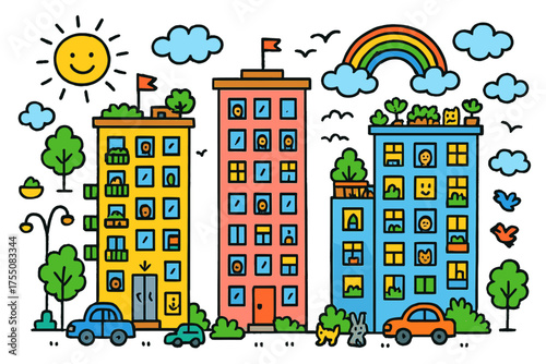 Colorful Residential Towers. Residential Towers. Colorful Hand-drawn doodle Children illustration high-rise buildings, balconies, windows, rooftop gardens,