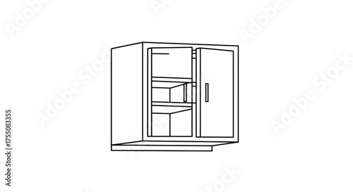 Line drawing of a wall cabinet with one door open revealing shelves inside.
