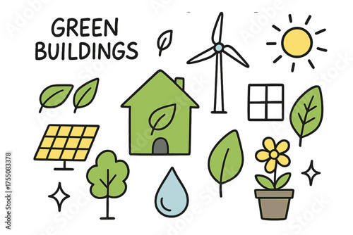 Eco Building Doodle. Green Buildings. Hand-drawn doodle illustration eco house (colored), solar panel (colored), wind turbine, leaf (colored), tree, water