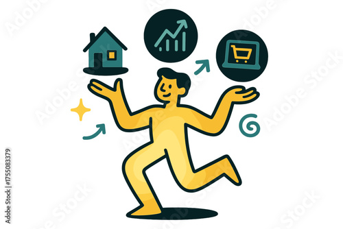 Juggling Income Streams. Multiple income streams. Glowing figure juggling glowing icons of real estate, stocks, and online business. Floating icons of sparkle,