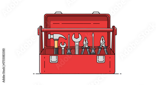 Open Red Toolbox with Various Hand Tools.
