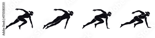 Silhouette of Female Swimmer Diving into Water – Woman Athlete Performing Swimming Start, Competitive Sport, Speed, Endurance, Strength and Motion Vector Illustration