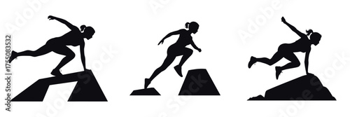 Silhouette of Woman Doing Parkour Jump – Female Athlete Running and Leaping Over Obstacles, Urban Sport, Strength, Agility, and Free Running Vector Illustration