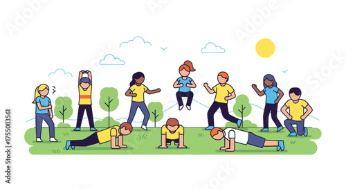 Diverse Children Exercising Outdoors Performing Various Fitness Activities.