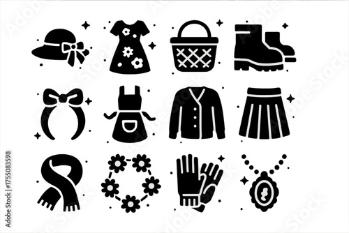Outdoor Fashion Icons. Outdoor Fashion. Solid icons set of Outdoor Fashion: straw hat, floral dress, wicker basket, boots, ribbon hairband, apron, cardigan,