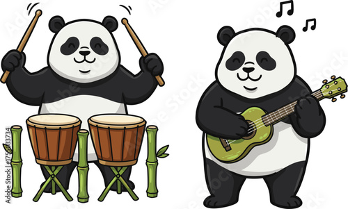 Cute cartoon pandas playing music, funny panda musicians with drum and guitar, adorable animal band illustration for kids