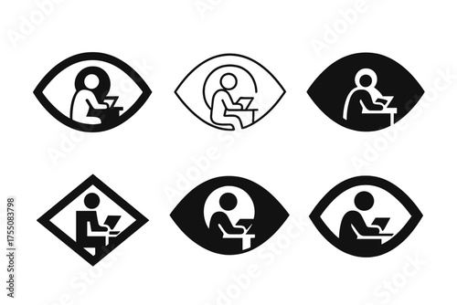 Investigator Logo Variations. Investigator Reviewing Case Files. Set Logo of Investigator Reviewing Case Files: eye symbol. harmonious logo variations of the