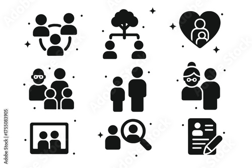 Family Icons Collection. Family Connections. Solid icons set of Family Connections: linked family members, tree, heart, ancestor, parent, child, grandparent,