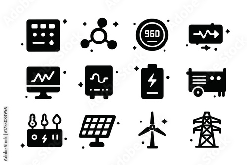 Monitoring Icons Grid. Monitoring & Control. Solid icons set of Monitoring & Control: control panel, microgrid hub, smart meter, energy flow, monitoring