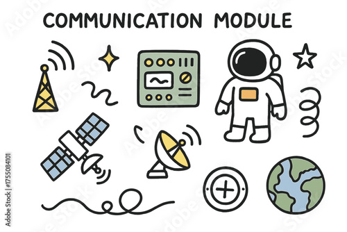 Space Communication Doodle. Communication Module. Hand-drawn doodle illustration antenna (colored), control panel (colored), astronaut (colored), sparkle,